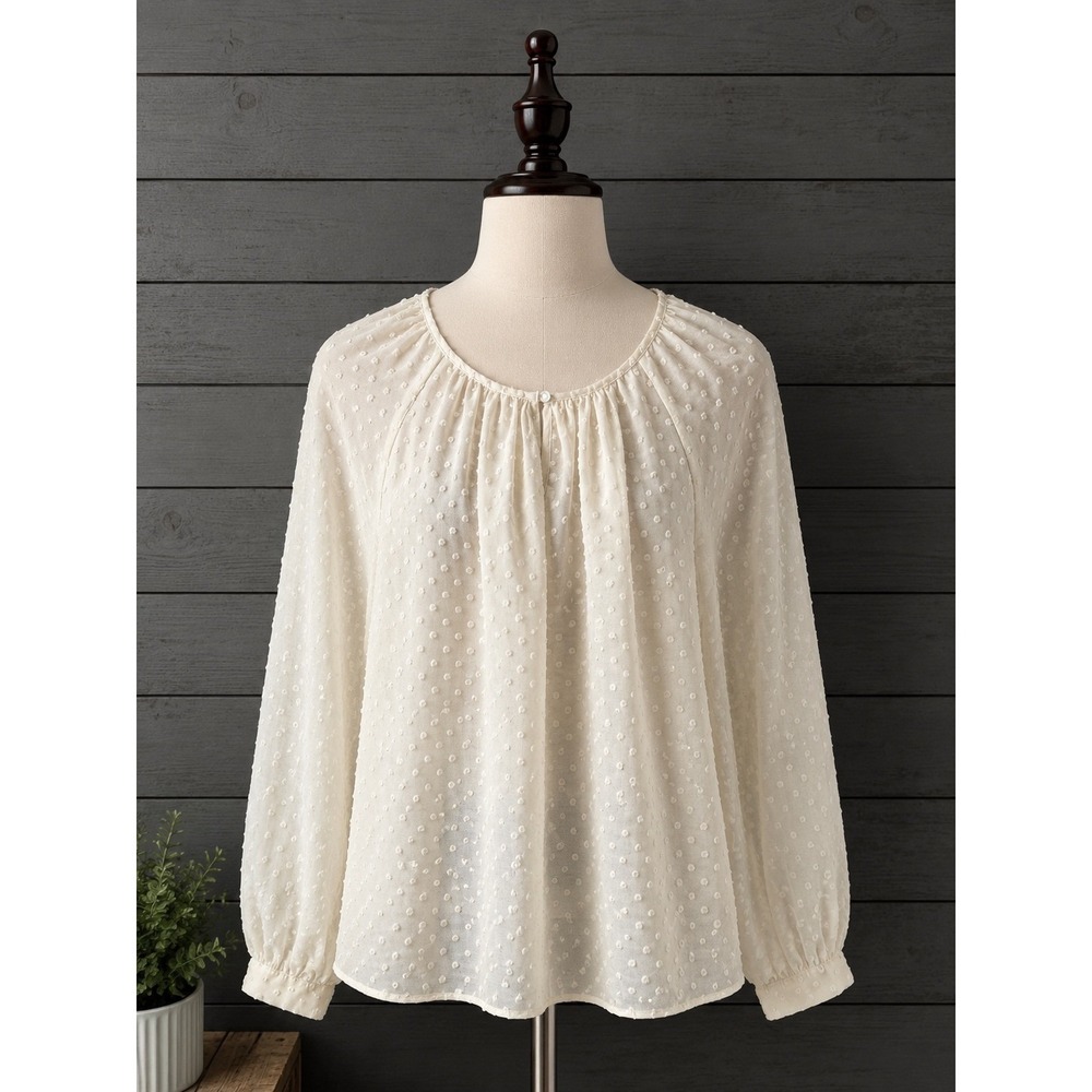 J.Crew‎ Blouse Sheer Chiffon Neutral Cream Preppy Clip Dot Gathered Neck Size M